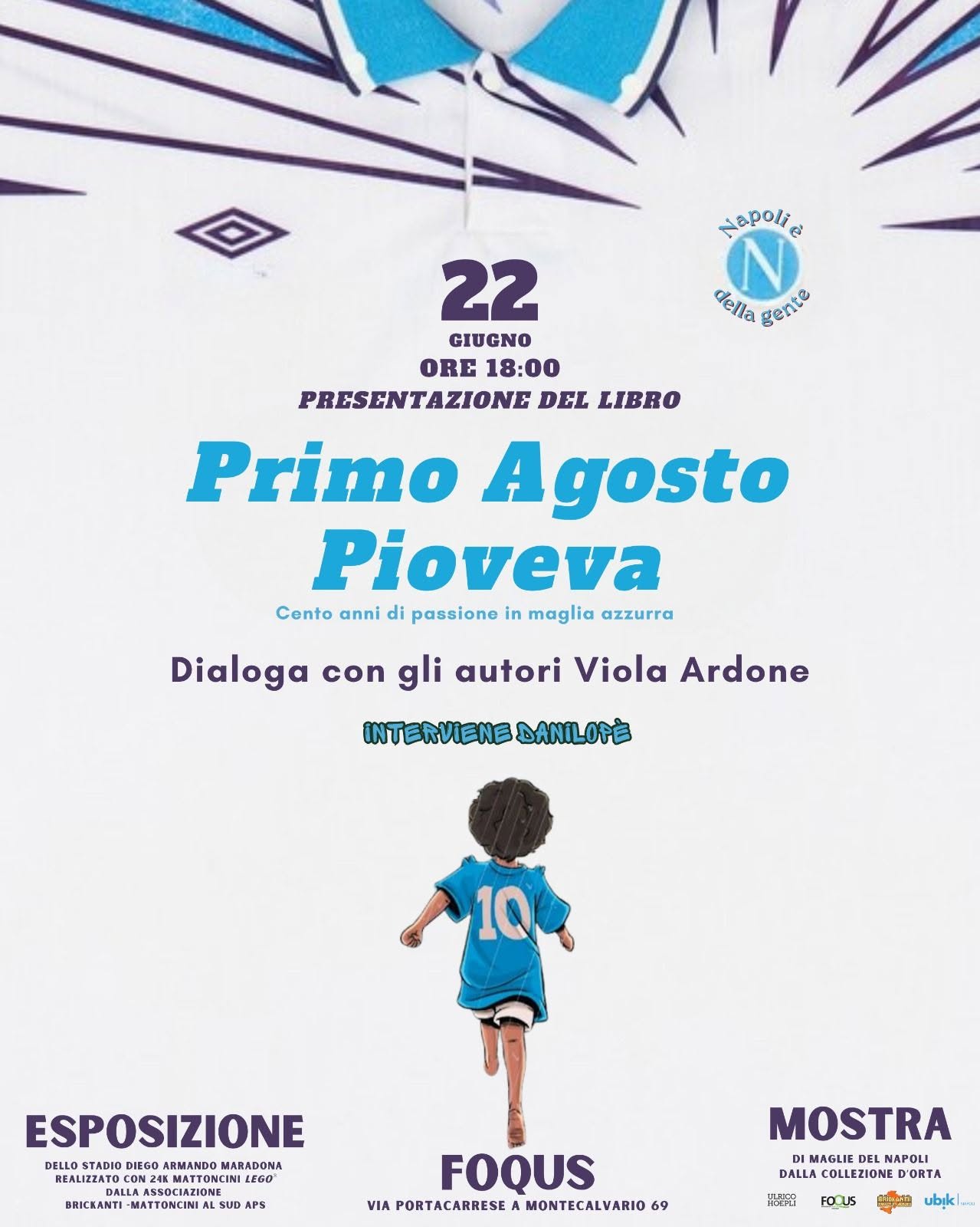 Locandina della prima presentazione del libro "Primo agosto pioveva" a Napoli presso Foqus, lunedì 22/06/2026 ore 18:30.