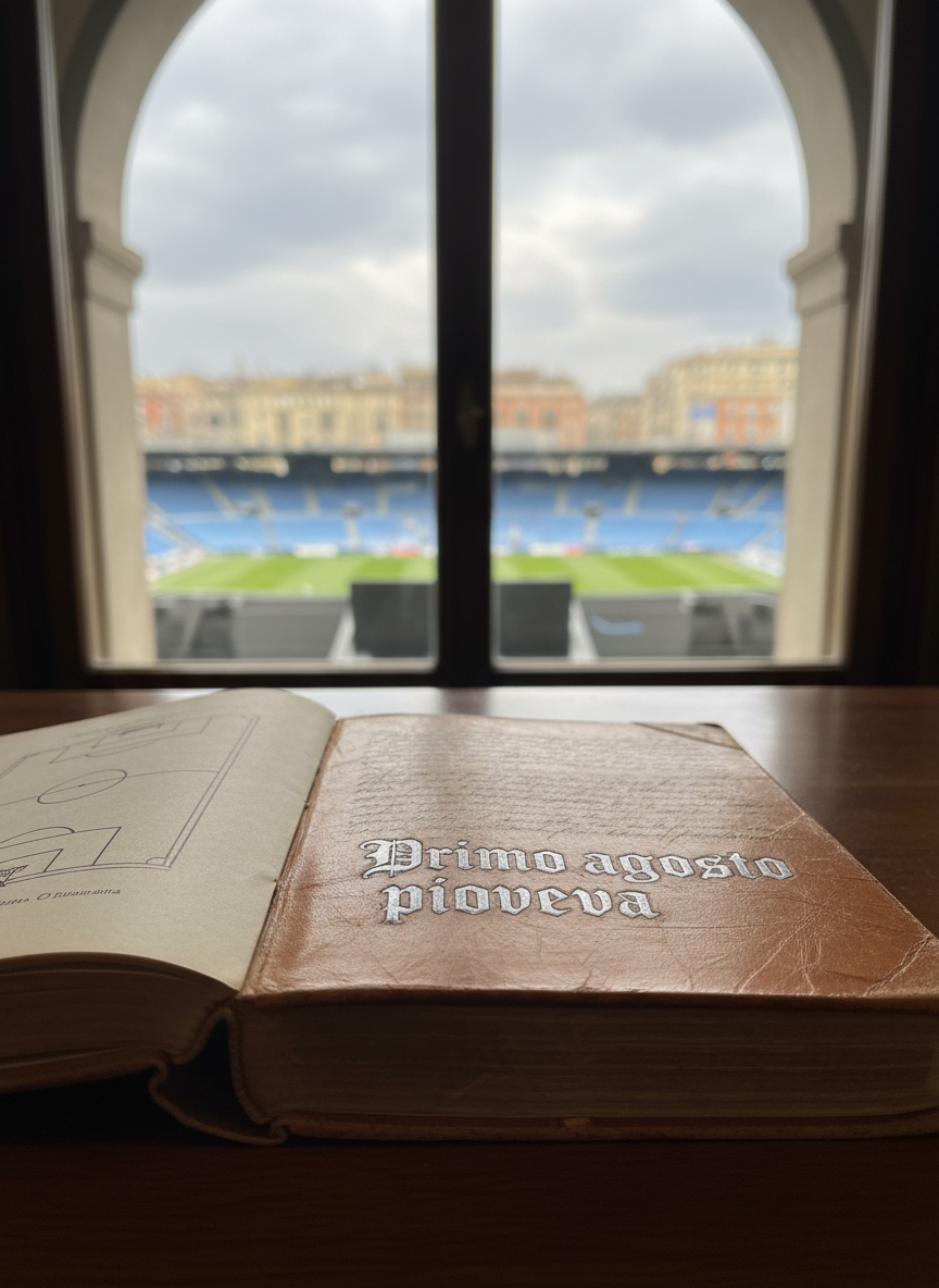 A weathered leather-bound book titled “Primo agosto pioveva” rests open on a dark wooden table, its creamy pages filled with dense Italian text and a small sketch of a classic football pitch. Behind it, through a large window, the blurred outline of a modern stadium in Napoli blue rises against an overcast sky. Soft, diffused afternoon light spills across the pages, catching the subtle texture of the paper and the embossed silver lettering on the cover. Shot at eye level with a shallow depth of field, the book is in sharp, photographic focus while the city and stadium beyond dissolve into gentle bokeh, creating a sophisticated, contemplative mood.