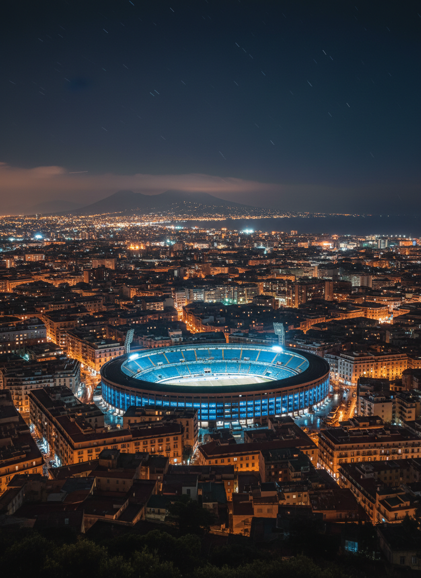 A panoramic night-time view of Napoli’s skyline from a high vantage point, with the curving bowl of the city’s stadium glowing in a deep Napoli blue at the edge of the urban fabric. Rain has just fallen, leaving cobblestone rooftops and narrow streets gleaming with reflective puddles that catch scattered neon and warm window lights. Low clouds hang over Vesuvio, softly lit by the city’s amber glow. Photographic realism, long exposure style, with crisp architectural details in the foreground and a luminous, almost cinematic halo around the stadium. The mood is poetic and bittersweet, evoking a century of shared hopes in maglia azzurra.