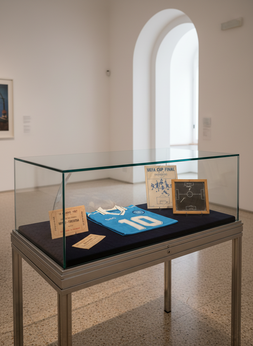 A sleek glass display case in a refined museum-like room holds a meticulously arranged collection of Napoli memorabilia: a carefully folded sky-blue jersey with the number 10, a yellowing match ticket dated 10 maggio 1987, a program from a European final in Stuttgart, and a simple chalkboard diagram of a famous tactical move. Warm gallery spotlights create soft highlights on the glass and gentle reflections on the polished terrazzo floor. Photographic realism, shot from a three-quarter angle, with sharp focus on the artifacts and a subtly blurred background of minimalist white walls. The atmosphere is sophisticated, almost literary, celebrating football as cultural heritage and city identity.