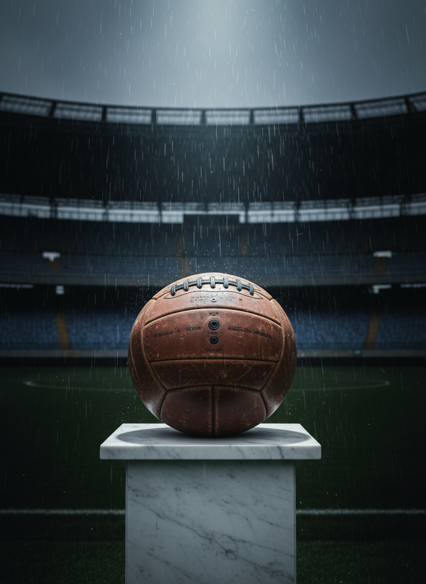A vintage leather football, slightly scuffed with age, sits centered on a marble pedestal inside an almost empty, dimly lit stadium interior in Napoli. Rows of deep-blue seats fade into darkness, while a single cool-white spotlight from above illuminates the ball, revealing every worn seam and crease. Wisps of rain are frozen mid-fall in the beam of light, hinting at a summer storm outside. Photographic realism, shot from a low angle looking up toward the ball and stands, with a dramatic contrast between light and shadow. The mood is reverent and epic, suggesting a sacred, ghostly temple of football memory.