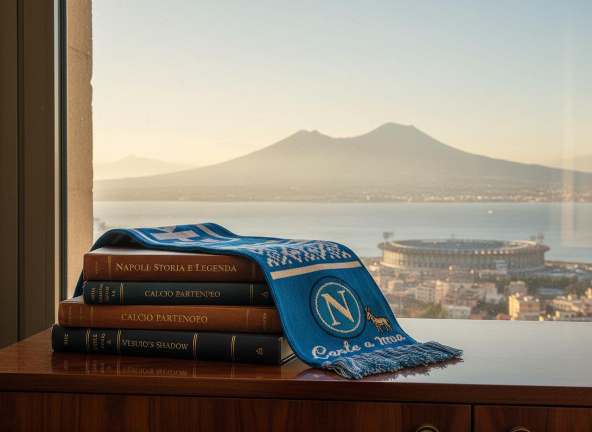 A pristine Napoli-blue football scarf, woven in fine wool with intricate white patterns and an embroidered crest, lies neatly folded atop a stack of elegant hardback books about Naples and calcio. The books rest on a polished walnut sideboard near a tall window overlooking a hazy Vesuvio silhouette and the distant curve of the San Paolo stadium. Late afternoon golden light streams in, tracing the fibers of the scarf and the grain of the wood. Captured from a slightly elevated angle in photographic realism, the composition uses the rule of thirds to balance scarf, books, and distant city, evoking nostalgia, pride, and quiet sophistication.